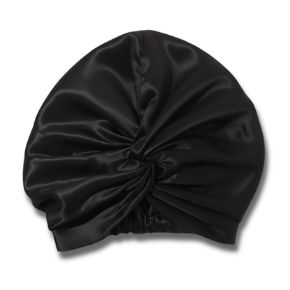 Organic Mulberry Silk Bonnet in Midnight Black, lifestyle