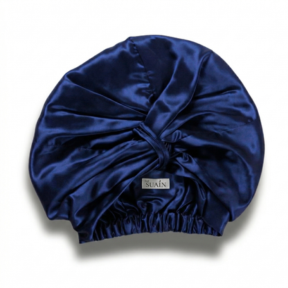 Organic Mulberry Silk Bonnet in Deep Blue, lifestyle