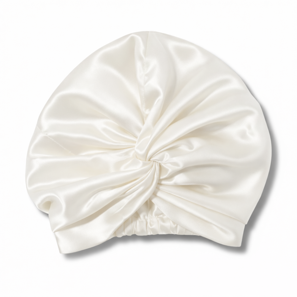 Organic Mulberry Silk Bonnet in Ivory White, lifestyle