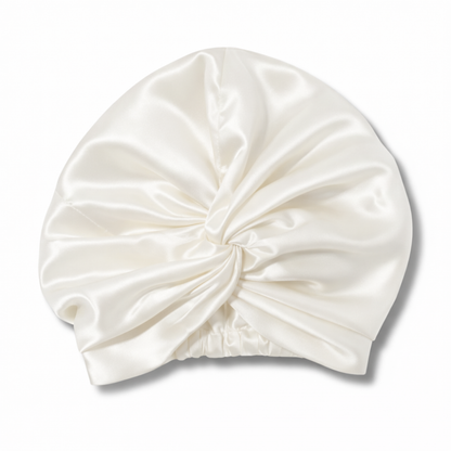 Organic Mulberry Silk Bonnet in Ivory White, lifestyle