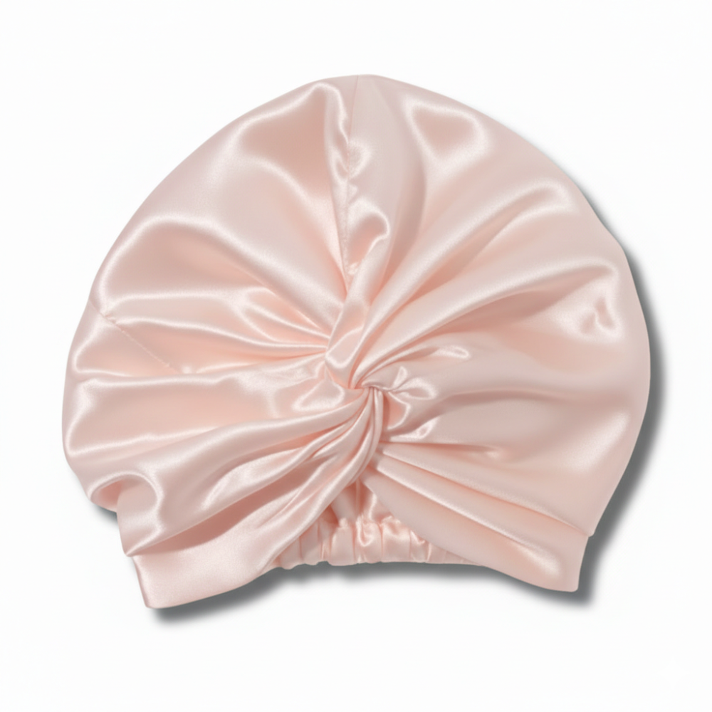 Organic Mulberry Silk Bonnet in Dawn Pink, lifestyle