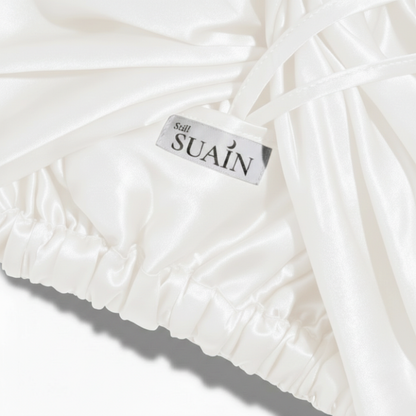 Organic Mulberry Silk Bonnet in Ivory White, lifestyle