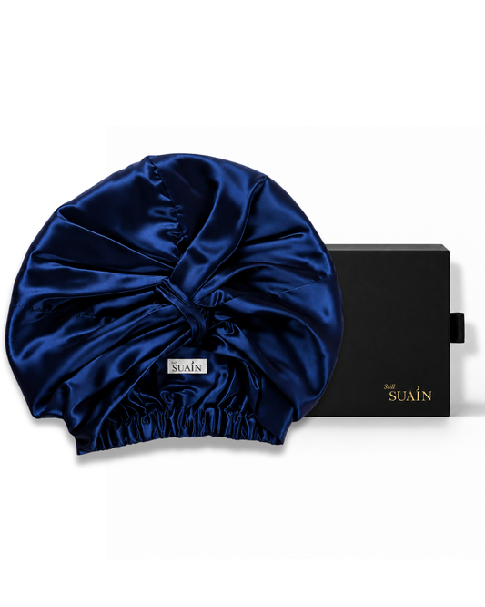 Organic Mulberry Silk Bonnet in Deep Blue, with box