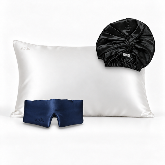 Ivory White silk pillowcase, Deep Blue silk sleep mask and Midnight Black silk bonnet