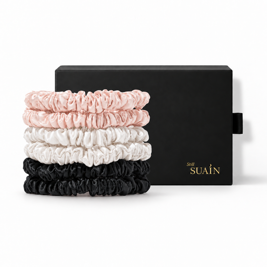 Six silk skinny scrunchies in a Still Suain gift box, image 2