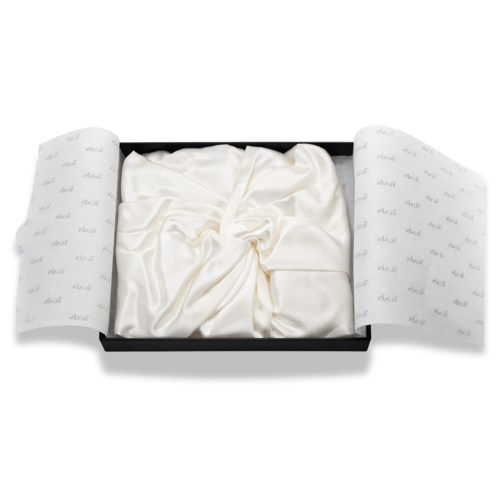 Organic Mulberry Silk Bonnet in Ivory White, lifestyle