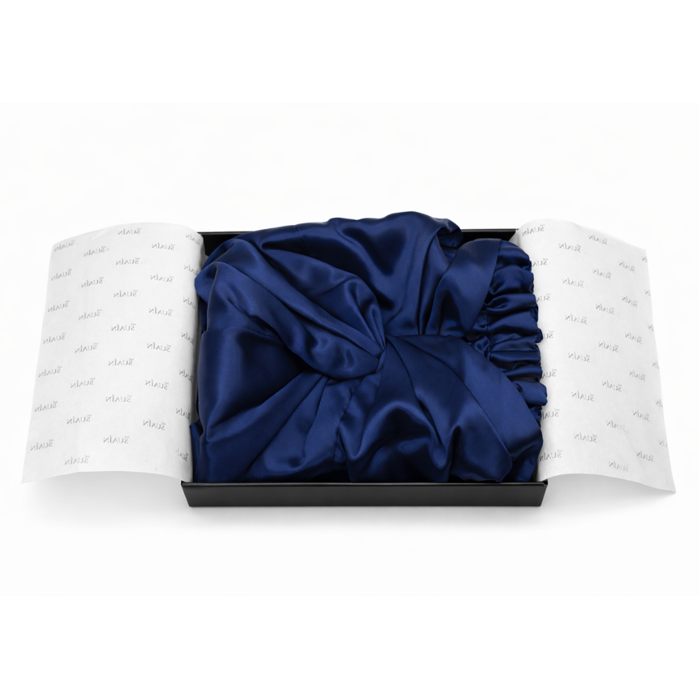 Organic Mulberry Silk Bonnet in Deep Blue, lifestyle