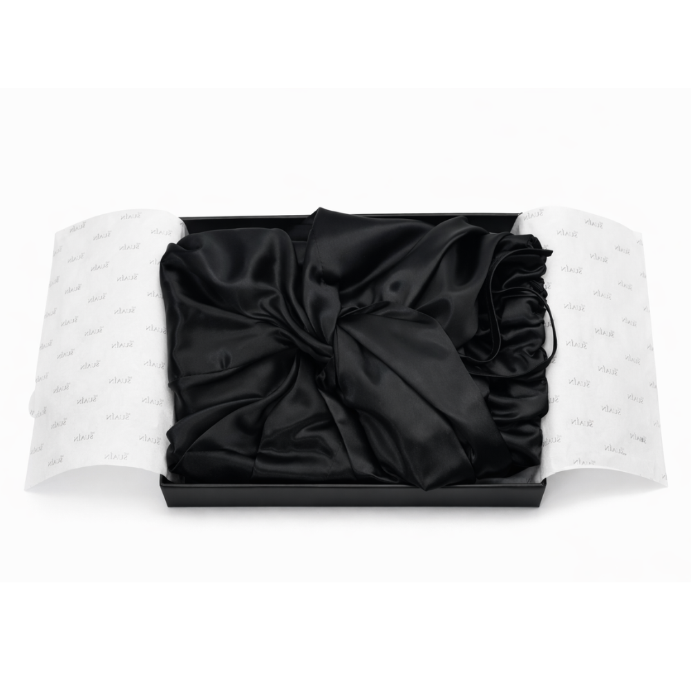 Organic Mulberry Silk Bonnet in Midnight Black, lifestyle