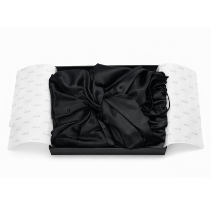 Organic Mulberry Silk Bonnet in Midnight Black, lifestyle